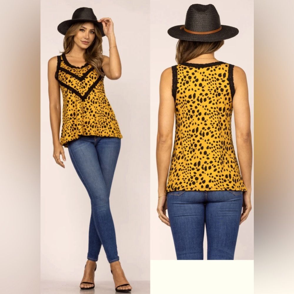 MUSTARD LACE SLEEVELESS ANIMAL PRINT TOP-Large